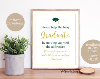 Graduation Party 5x7, 8x10 Printable Sign, Address an Envelope, Green and Gold, Class of 2024, High School or College Instant Download