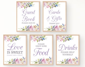 Meadow Floral Bridal Shower 8x10 Sign Bundle, Purple, Blue, Pink Watercolor Flowers, Guest Book, Cards and Gifts, Dessert, Instant Download