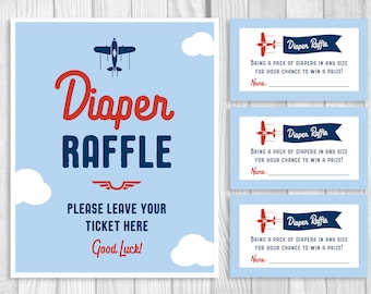 Diaper Raffle 8x10 Printable Sign and Sheet of 3x5 Raffle Tickets Printable Boy's Airplane Baby Shower Game, Navy Blue, Light Blue, Red