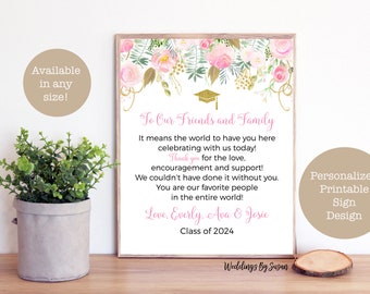 To Our Family and Friends Personalized Printable Graduation Party Thank You Sign, 5x7 or 8x10 Blush and Gold Watercolor Floral Class of 2024