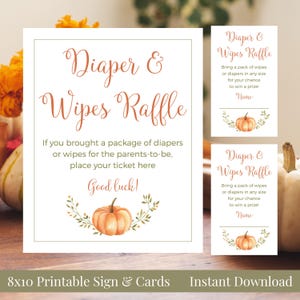 Diaper and Wipes Raffle 8x10 Printable Baby Shower Sign and 3x5 Invitation Inserts, Raffle Tickets, Pumpkins Autumn Leaves, Instant Download