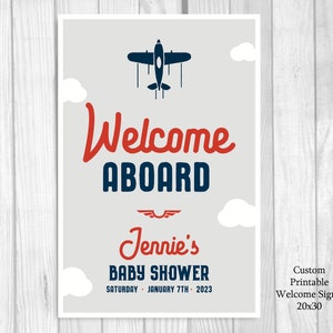 Welcome Aboard Custom Personalized Printable Airplane Baby Shower Welcome Sign Any Size Navy Blue, Red, Gray Features Mom's Name image 2