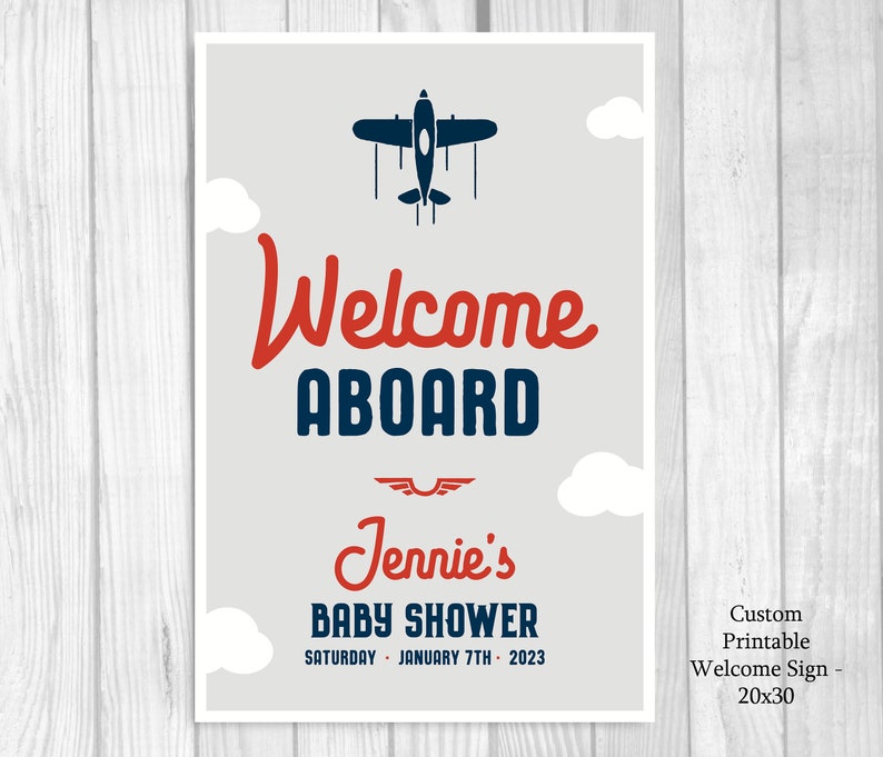 Welcome Aboard Custom Personalized Printable Airplane Baby Shower Welcome Sign Any Size Navy Blue, Red, Gray Features Mom's Name image 2