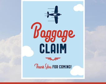 Baggage Claim 4x6, 5x7, 8x10 Printable Airplane Birthday Favor Table Sign, Thank You for Coming, Blue, Light Blue, Red, Instant Download