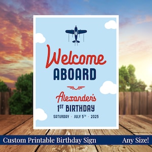 Welcome Aboard Custom Personalized Printable Airplane Boy&#39;s Birthday Welcome Sign, Any Size, Any Age, Navy Blue, Red, Light Blue, You Print