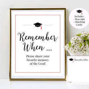 Letrero de graduación imprimible con recuerdos favoritos de graduados y tarjetas a juego, negro y rojo, promoción de 2025, escuela secundaria, universidad, descarga instantánea