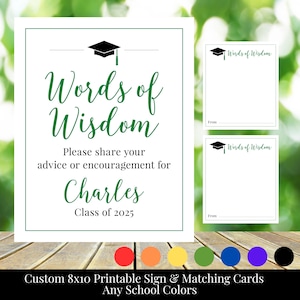 Palabras de sabiduría, letrero de graduación personalizado imprimible de 8 x 10 y tarjetas de consejos a juego, en cualquier color, clase de 2025, escuela secundaria o universidad, que puede imprimir