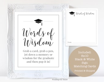 Words of Wisdom 8x10 Graduation Party Printable Black and White Sign & Matching Advice or Memory Cards, Class of 2024, Instant Download