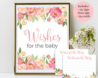 Wishes for the Baby 5x7, 8x10 Printable Baby Shower Sign and 4x5 Cards, Coral and Pink Watercolor Peonies - Instant Download