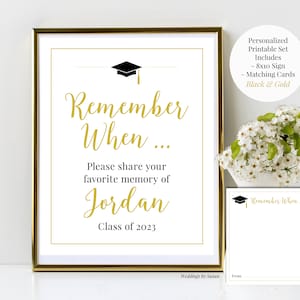 Remember When Favorite Memories 8x10 Personalized Graduation Printable Sign & Matching Cards, Black and Gold, Class of 2025, You Print