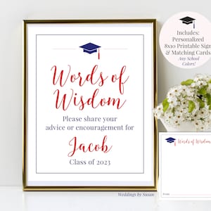 Words of Wisdom 8x10 Personalized Graduation Printable Sign & Matching Advice Cards, Any Colors, Class of 2024 High School/College You Print