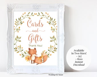 Cards and Gifts 5x7, 8x10 Printable Sign, Thank You, Fox and Autumn Leaves, Watercolor Floral Wreath, Baby Shower, Birthday Instant Download