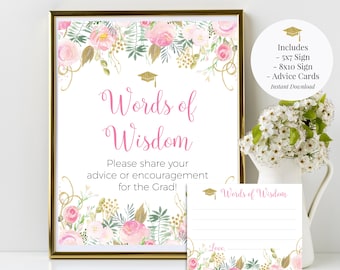 Words of Wisdom 5x7, 8x10 Graduation Printable Sign and Matching Advice Cards, Class of 2022, Blush Pink Gold Watercolor Floral, You Print