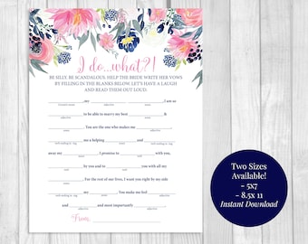 Help the Bride Write Her Vows Printable Bridal Shower, Bachelorette Game, Navy Blue & Pink Watercolor Floral, Two Sizes Available, You Print