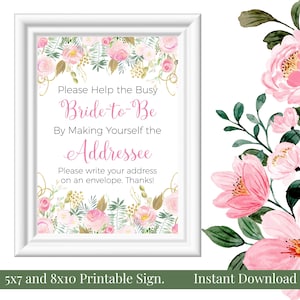 Hilfe die beschäftigte Bride-To-Be 5x7, 8x10 druckbare Brautdusche Zeichen, schreiben Sie Adresse auf Umschlag, Blush und Gold Aquarell floral, Sie drucken