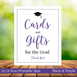Cartes et cadeaux pour le diplômé 5 x 7, 8 x 10, signe de la fête de remise des diplômes imprimable, noir et violet, téléchargement immédiat, promotion 2025, à imprimer