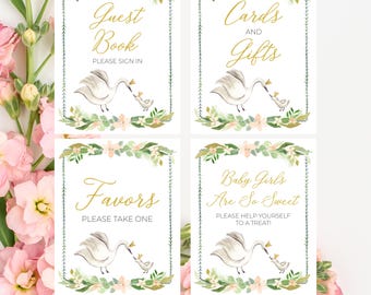8x10 Printable Girl's Swan Princess Baby Shower Sign Set, Guest Book, Cards & Gifts, Desserts, Favors Pink Floral and Gold, Instant Download