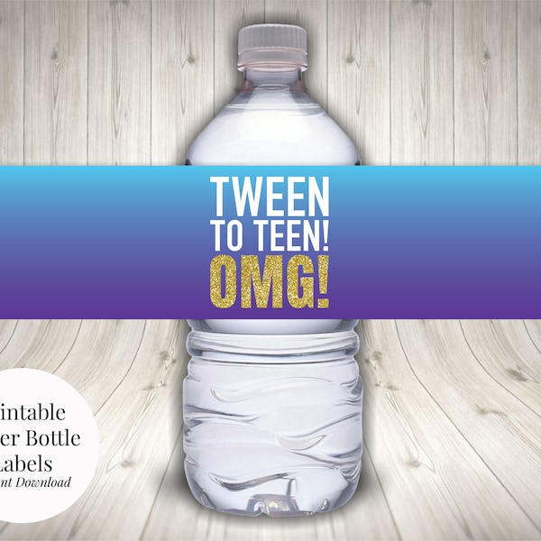 Tween to Teen OMG Girl's 13th Birthday Printable Water Bottle Labels, Purple, Aqua and Gold Glitter, Instant Download