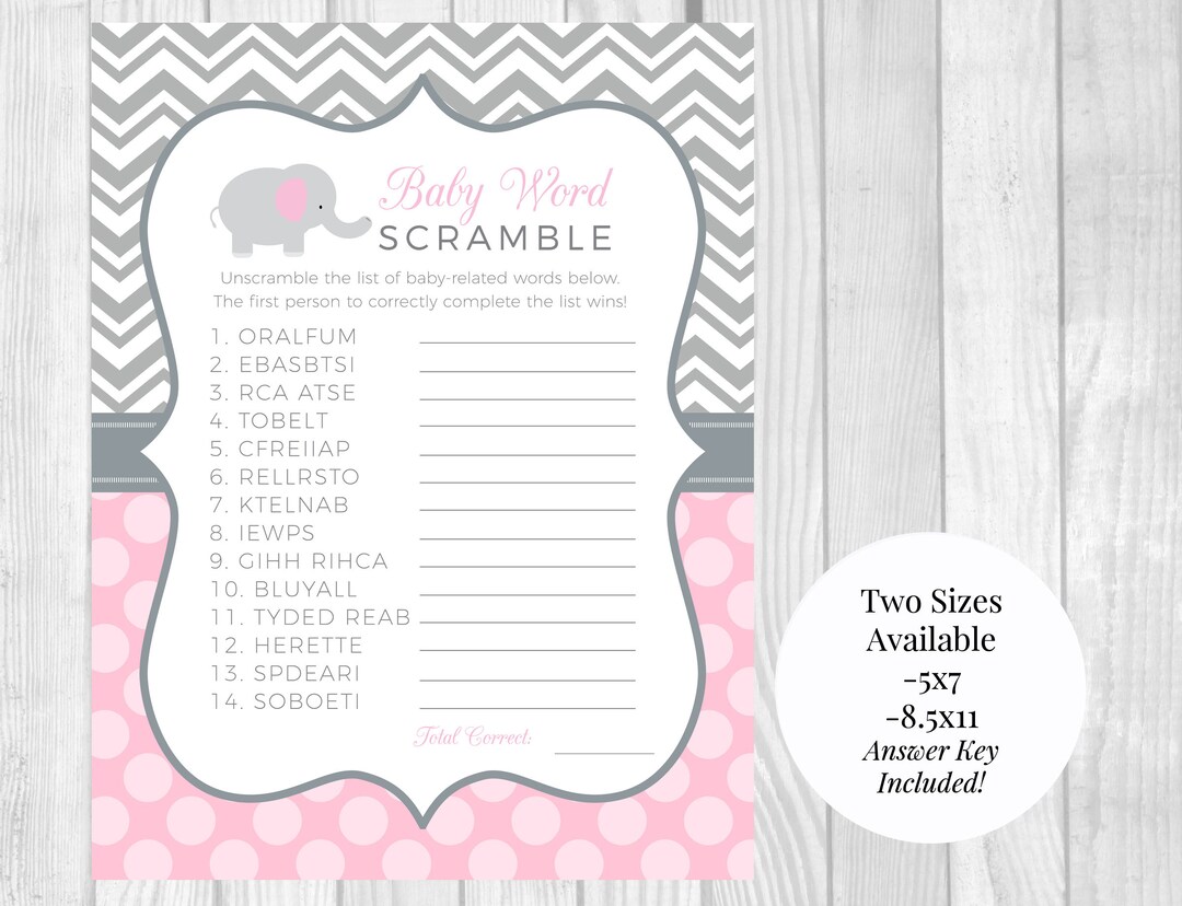 Baby Word Scramble Printable Pink and Gray Girl's Elephant - Etsy