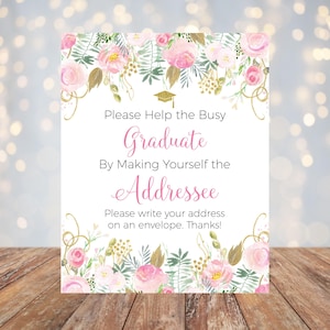 Help the Busy Graduate 5x7, 8x10 Printable Graduation Party Sign, Write Address on Envelope, Blush and Gold Watercolor Floral, You Print