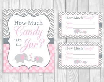 How Much Candy in the Jar Guessing Game Printable 5x7, 8x10 Pink Gray Elephant Baby Shower Sign and Sheet of 3x5 Tickets, Instant Download