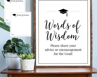 Words of Wisdom 8x10 Graduation Party Printable Sign and Matching Advice Cards - Class of 2025 - High School or College - Instant Download
