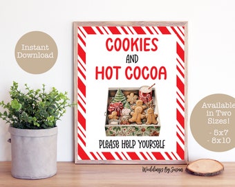 Cookies and Hot Cocoa Printable 5x7, 8x10 Christmas Party Hot Chocolate Bar Sign, Red and White Peppermint Stripes, Instant Download