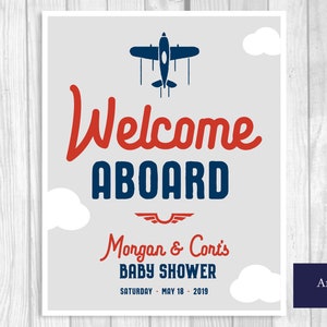 Welcome Aboard Custom Personalized Printable Airplane Baby Shower Welcome Sign Any Size Navy Blue, Red, Gray Features Mom's Name image 6