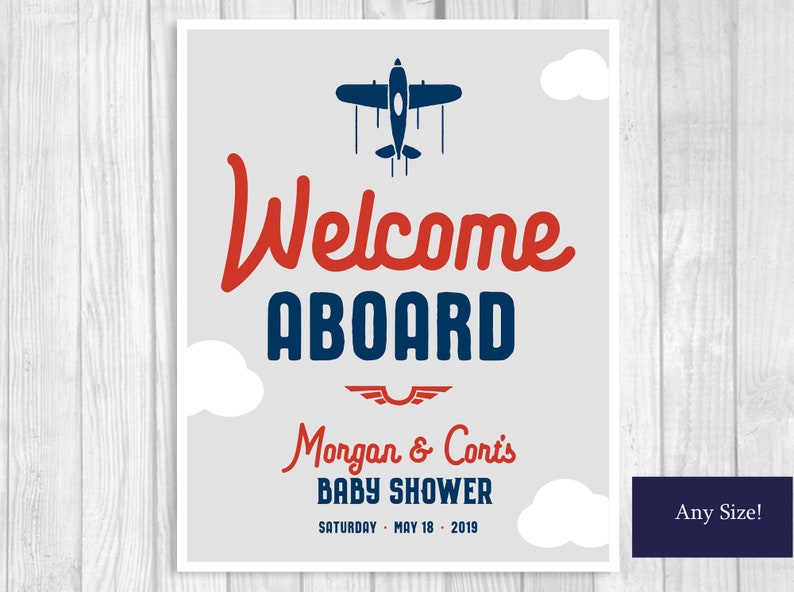 Welcome Aboard Custom Personalized Printable Airplane Baby Shower Welcome Sign Any Size Navy Blue, Red, Gray Features Mom's Name image 6