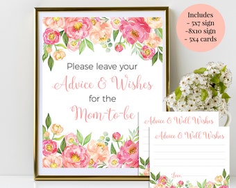 Please Leave Your Advice and Wishes 5x7, 8x10 Printable Baby Shower Sign and 4x5 Cards Coral Pink Watercolor Peonies - Instant Download