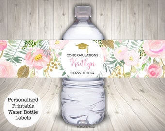 Congratulations Grad Personalized Printable Water Bottle Labels, Graduation, Blush Pink Watercolor Floral and Gold Glitter, Class of 2024