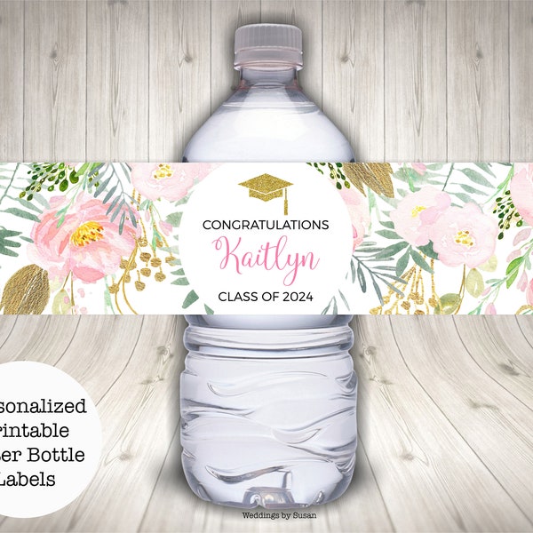 Congratulations Grad Personalized Printable Water Bottle Labels, Graduation, Blush Pink Watercolor Floral and Gold Glitter, Class of 2024