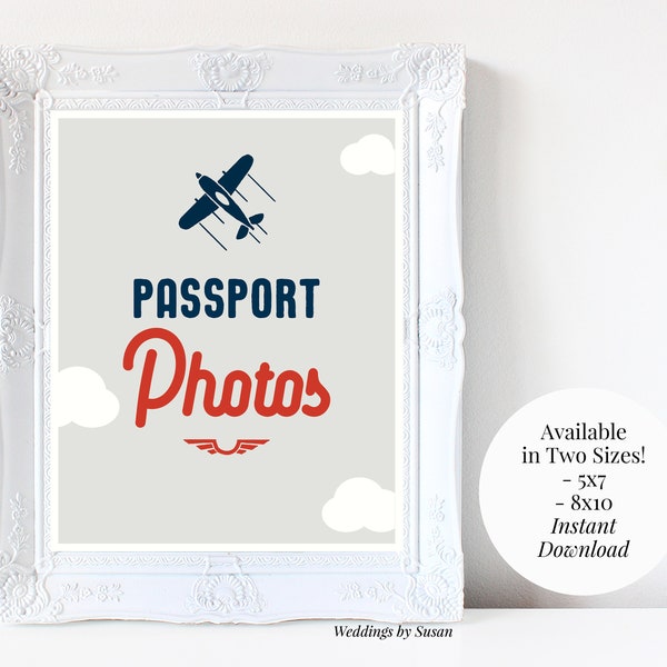 Passport Photos 5x7, 8x10 Printable Airplane Baby Shower, Birthday Photo Booth Sign, Navy Blue, Gray and Red, Instant Download