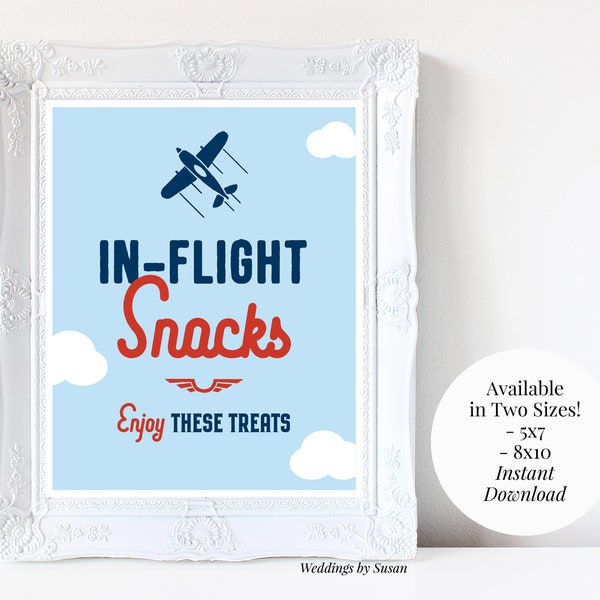 In Flight Snacks 5x7, 8x10 Printable Boy's Airplane Birthday Food Table Sign, Enjoy These Treats, Navy Light Blue Red, Instant Download