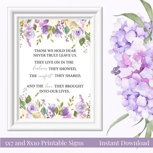 Lavendelboeket Onze dierbaren laten ons nooit echt achter Stoffige lavendel aquarel bloemen afdrukbaar in het geheugen Teken, rozen, jij afdrukt