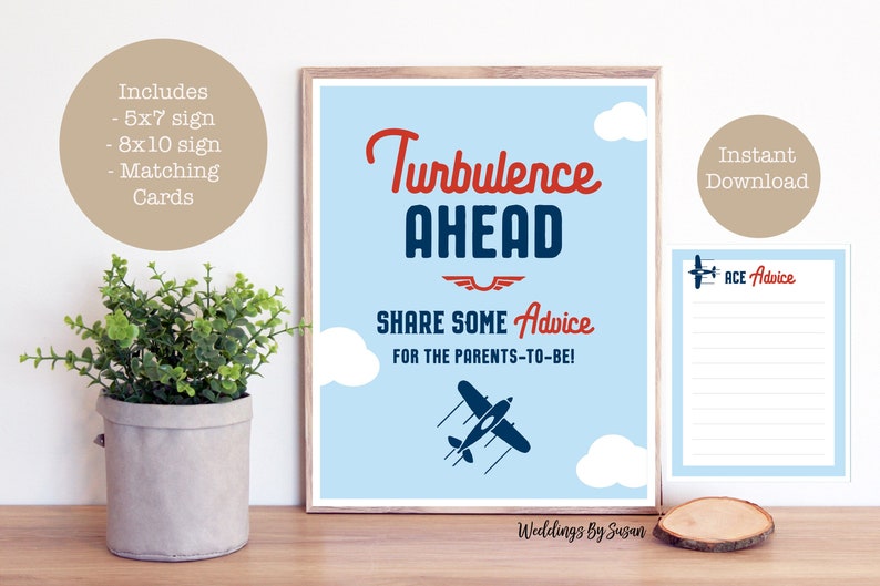 Turbulence Ahead Advice for Parents-to-be 5x7, 8x10 Printable Boy's Airplane Baby Shower Sign & Advice Cards Navy Blue, Light Blue, Red image 1
