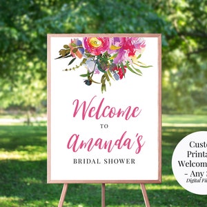 Vibrant Peonies Custom Printable Welcome Sign, Bridal Shower, Wedding, Baby Shower, Birthday, Any Size, Pink Watercolor Floral, You Print image 1