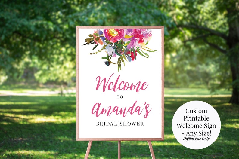 Vibrant Peonies Custom Printable Welcome Sign, Bridal Shower, Wedding, Baby Shower, Birthday, Any Size, Pink Watercolor Floral, You Print image 1