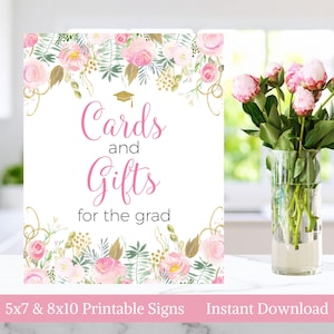 Kaarten en cadeaus voor de Grad 5 x 7, 8 x 10 afdrukbaar afstudeerbord, blush roze en goud aquarel bloemen, klasse van 2026, Instant Download