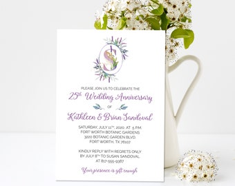 Custom Printable 4x6 or 5x7 Lavender Floral Wreath Anniversary Invitation, 25th, 40th, 50th, 60th, Any Year and Last Name Initial, You Print