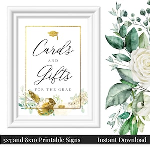 Karten und Geschenke für den Grad druckbare 5 x 7, 8 x 10 Abschlussfeier Zeichen, Weiß und Goldfolie Floral, Klasse von 2025, Instant Download