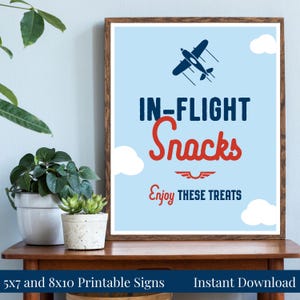In Flight Snacks 5x7, 8x10 Printable Boy&#39;s Airplane Birthday Food Table Sign, Enjoy These Treats, Navy Light Blue Red, Instant Download