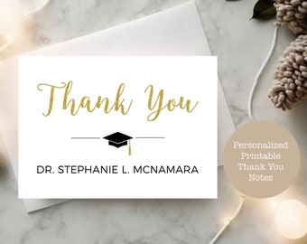 Personalized Printable Graduation Thank You Cards, Any Size, Flat or Tented, Black and Gold Glitter, High School or College, Class of 2024