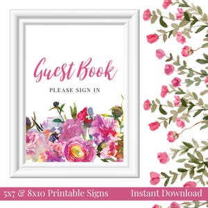 Vibrant Peonies Guest Book 5x7, 8x10 Printable Baby Shower, Bridal Shower, Wedding Guestbook Sign, Pink Watercolor Floral, Instant Download