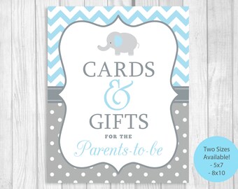 Cards and Gifts for Parents-to-Be 5x7, 8x10 Printable Elephant Baby Shower Sign in Light Blue Chevron and Gray Polka Dots - Instant Download