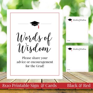 Words of Wisdom 8x10 Graduierung druckbares Schild & passende Hinweiskarten, schwarz und rot, Klasse von 2025, High School College, Sofort Download