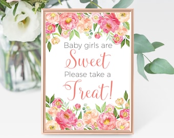 Coral Peonies Baby Girls are So Sweet, Please Take A Treat 5x7, 8x10 Printable Girl's Baby Shower Sign - Coral and Pink Watercolor Peonies