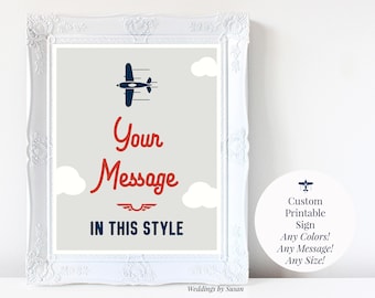Custom Personalized Printable Airplane Baby Shower or Birthday Party Sign, Any Size, Any Colors or Navy Blue, Red and Gray, You Print