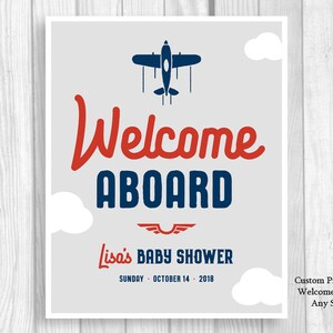 Welcome Aboard Custom Personalized Printable Airplane Baby Shower Welcome Sign Any Size Navy Blue, Red, Gray Features Mom's Name image 8