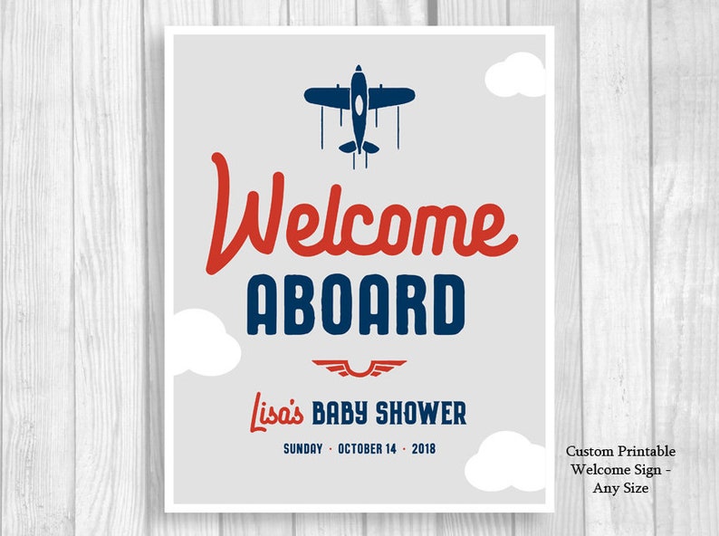 Welcome Aboard Custom Personalized Printable Airplane Baby Shower Welcome Sign Any Size Navy Blue, Red, Gray Features Mom's Name image 8